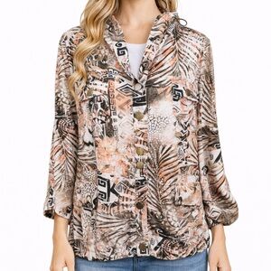 Chicos Tropical Aztec Snap Up Jacket Toggle Neck Artsy Beachy Top Size 3 = XL